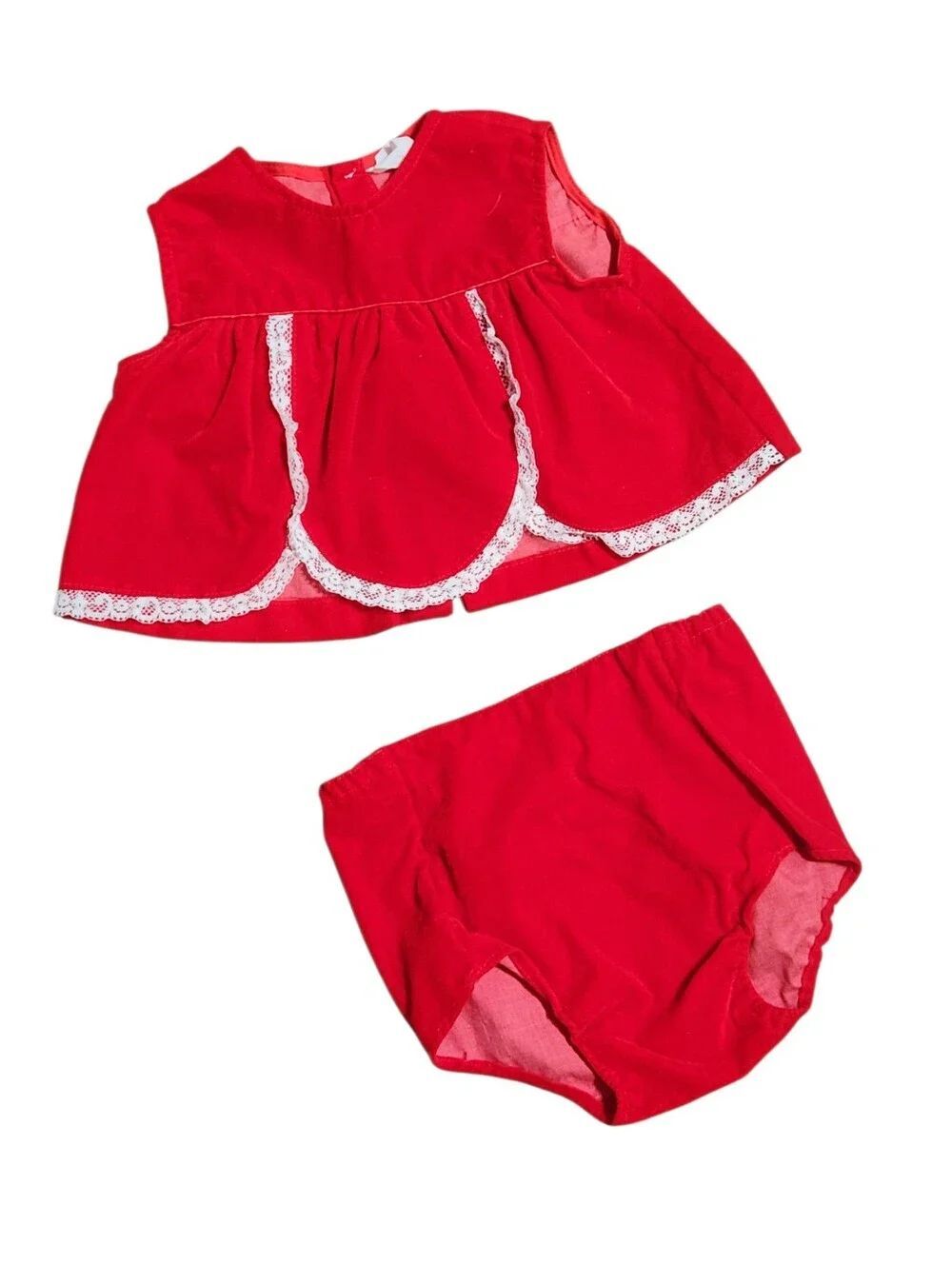 Vintage 2 Pc Little Girl Outfit Top Diaper Cover Velour Red w/ White Lace 2 3